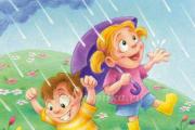 Lojë e vallëzimit të rrumbullakët “Rain” për fëmijë të moshës parashkollore, lojëra në natyrë, re, shi, erë.